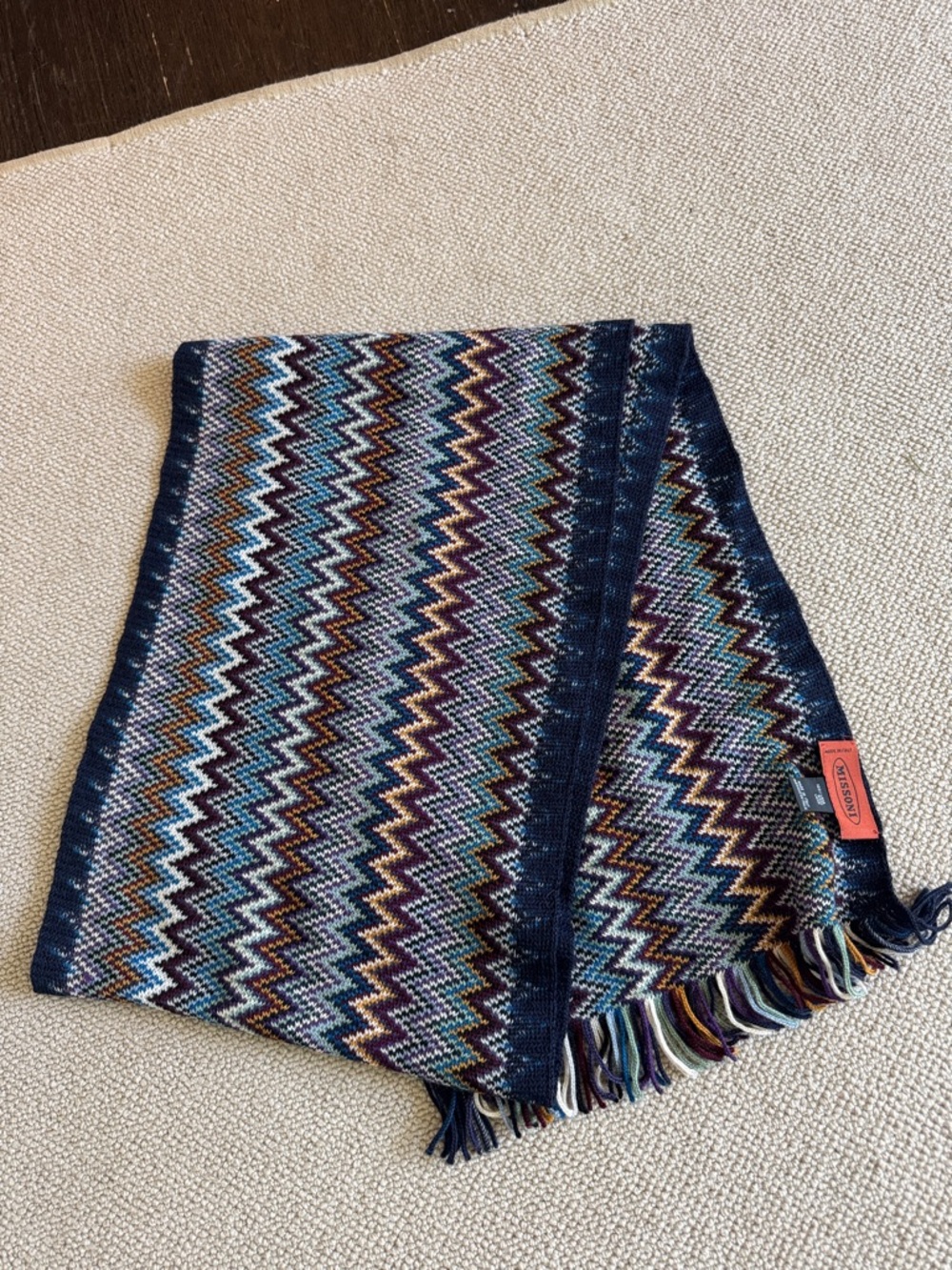 Missoni Multicolor Zigzag Knit Scarf in Navy, Teal & Purple